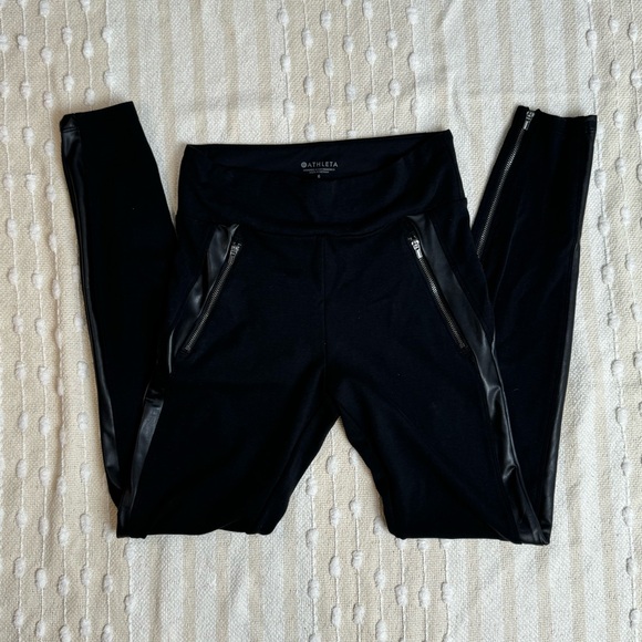 Athleta Siena black leggings, faux leather trim, zipper detail size 6 - Picture 2 of 10